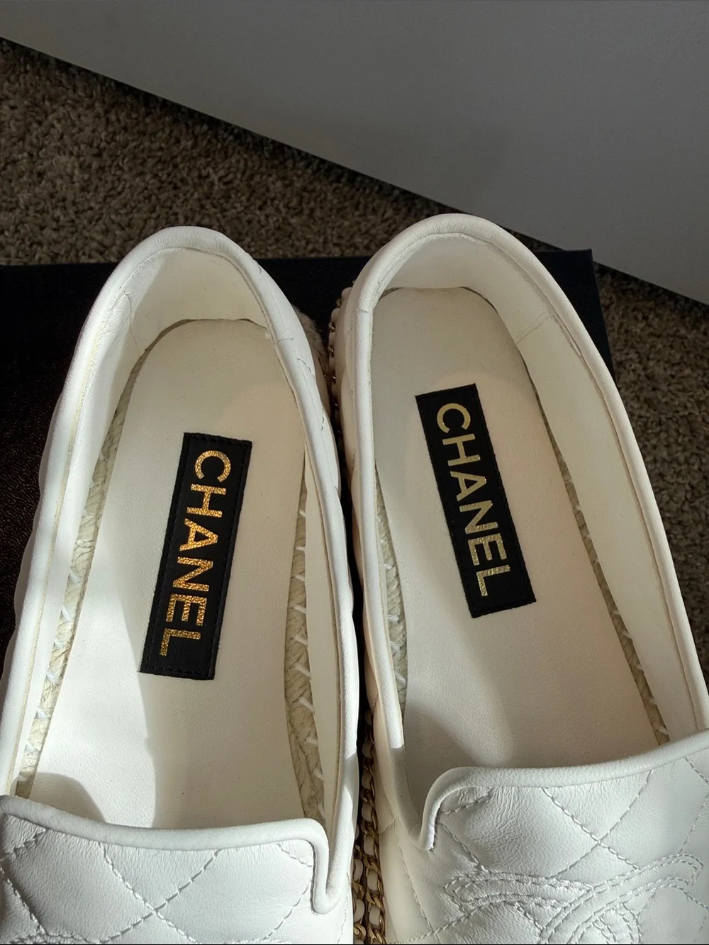 CHANEL White Quilted Espadrilles with Black Toe and Gold Chain